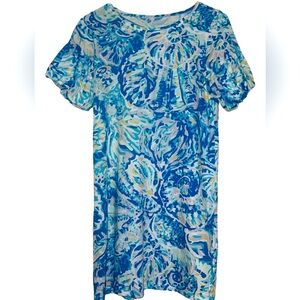 LILLY PULITZER Girl's Mini Lindell Dress Bennet Blue Shell Puff Sleeve, XL 12 14